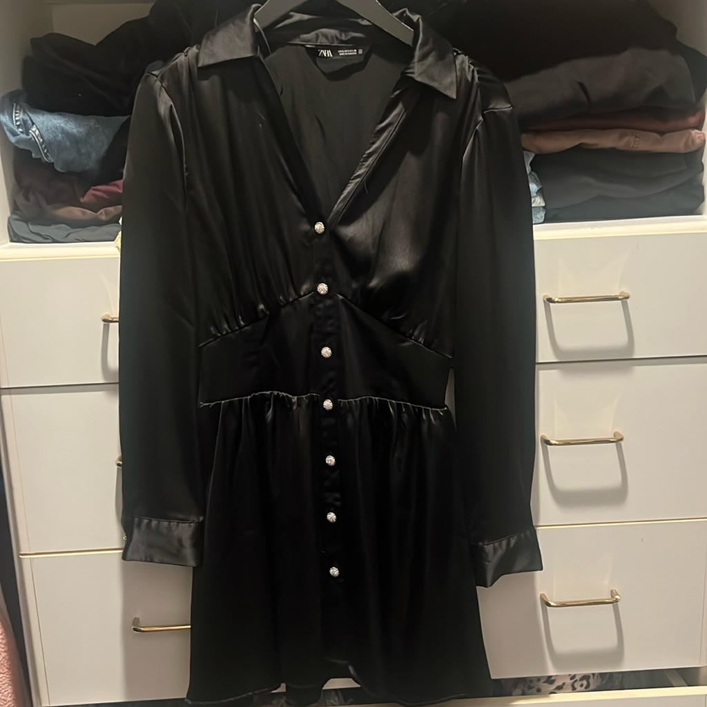 Zara Satin Button Down Black Dress With Jewels